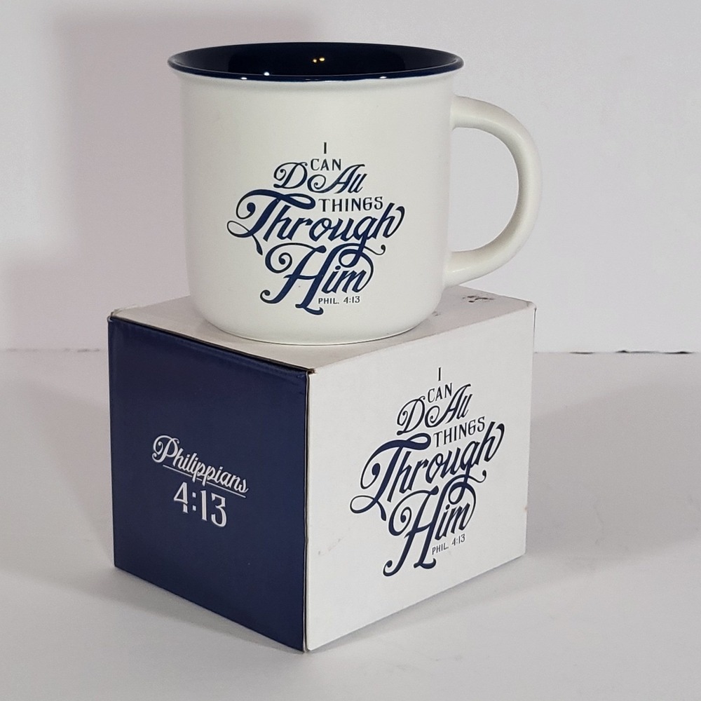 Christian Art Gifts Philippians 4:13 Mug‎ White Navy Ceramic MUG541 NIB